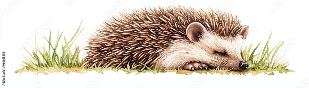 Wall mural a cute hedgehog resting peacefully on the grass with a white isolated background.