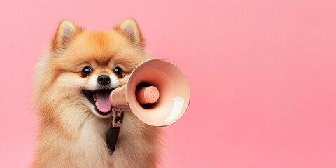A fluffy Pomeranian holding a megaphone, set against a pink background, giving a playful and charming vibe