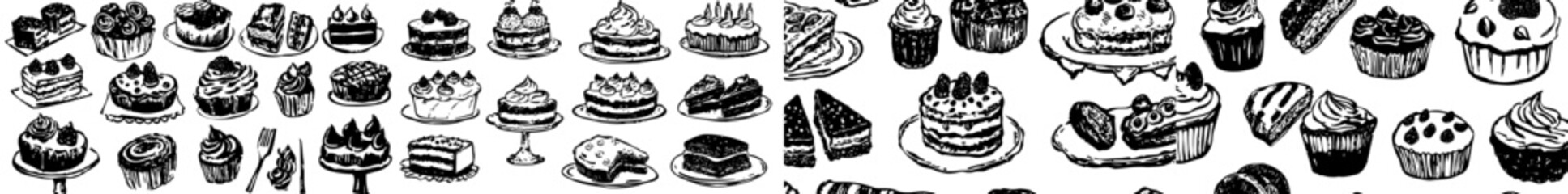 Obraz premium Sketch-style seamless pattern with hand-drawn desserts