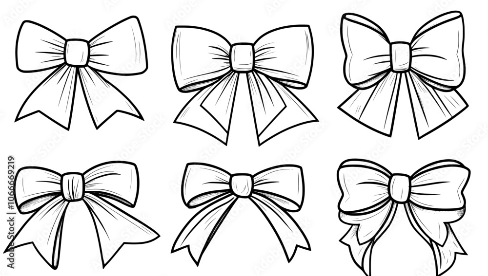 Poster hand drawn ribbon bow line simple element set. modern illustration using minimal line stroke style.