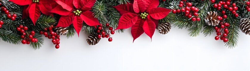 Red Poinsettia and Pine Sprigs with Berries and Pine Cones on a White Background