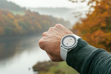 A person checking time on a smartwatch in a scenic autumn landscape by a river.