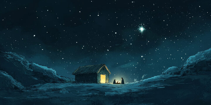 A traditional nativity scene set against a starry night backdrop, evoking the true spirit of Christmas
