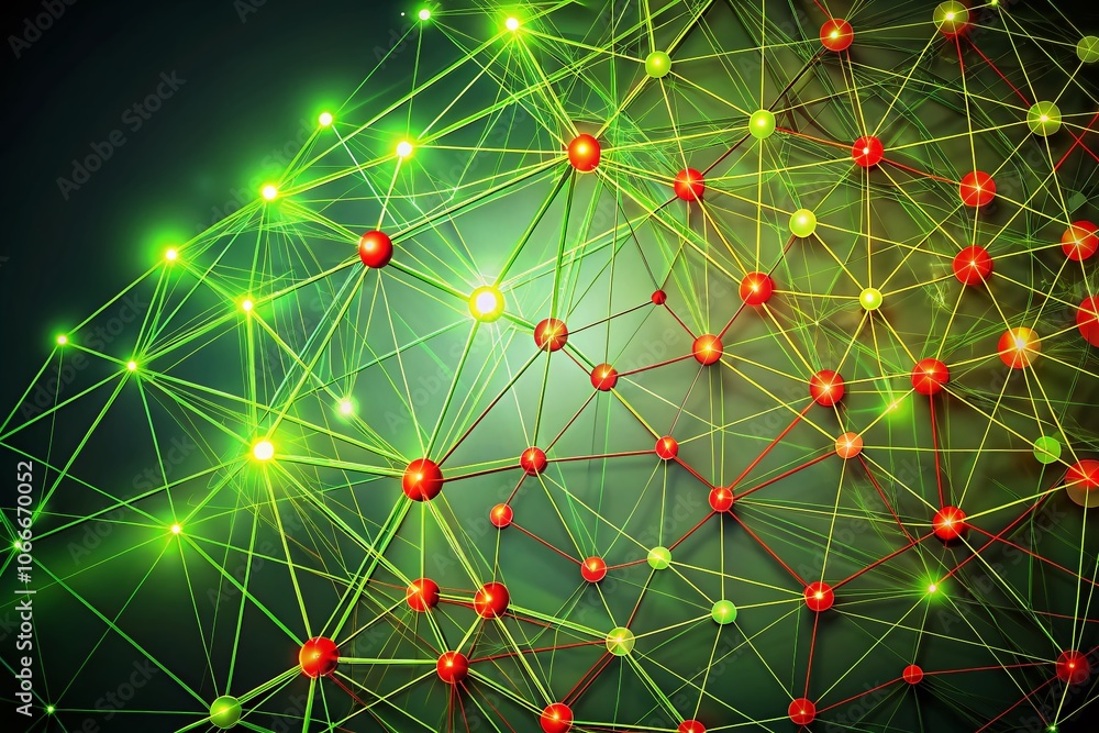 Poster lively fluorescent green wireframe with striking red plexus nodes - minimalist vector design for mod