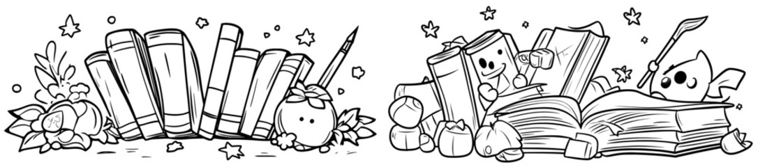 Library stack sketch set. Hand drawn sketch doodle style line book stack. Library, reading, school concept icon background. Blue pen line style stroke.