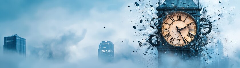 Fototapeta premium A surreal clock emerging from the fog, symbolizing time and reality, set against a dreamy cityscape background.