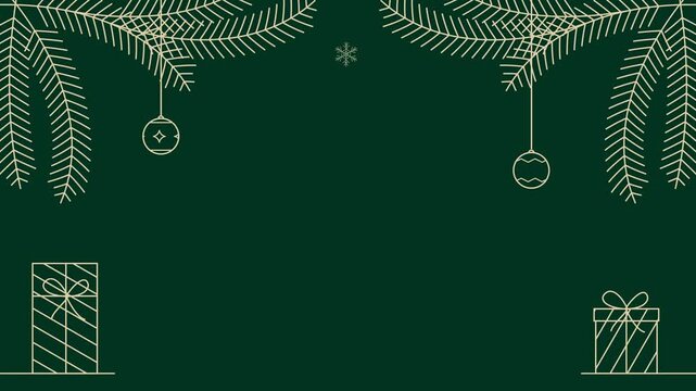 Minimalist boho Christmas animated frame banner with christmas ball, gift, branch and green background