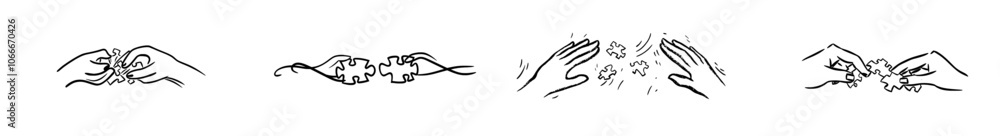 Poster line drawing depicting hands solving puzzle pieces, jigsaw puzzle pieces. hands connecting puzzle pi