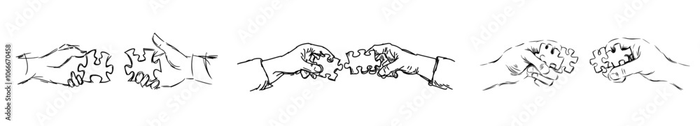Poster drawing of hands solving puzzle pieces, jigsaw. hands connecting puzzle pieces. business matching, t