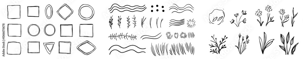 Poster hand drawn wavy rectangle borders with wave curve frames. squares and circles drawn with brush pen. 