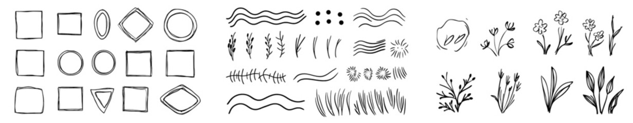 Obraz premium Hand drawn wavy rectangle borders with wave curve frames. Squares and circles drawn with brush pen. Modern illustration isolated on white.
