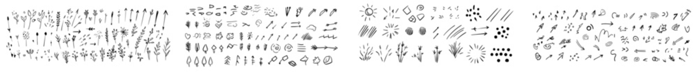 The sketch line elements are simple. Isolated on white background, they consist of arrows, hearts, stars, decorations, and icons. Modern illustration.