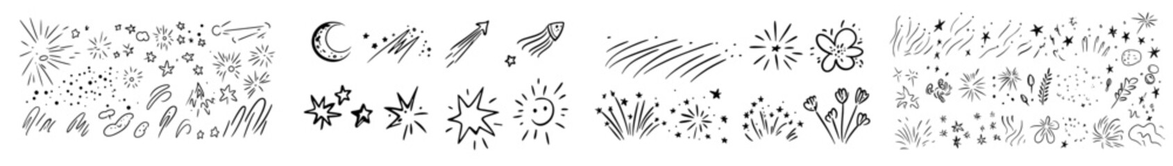 Fototapeta premium The line sparkle design of a hand drawn sketch doodle set of stars. Stars twinkle glow, sparkle glitter and magic party lights in a hand drawn sketch.