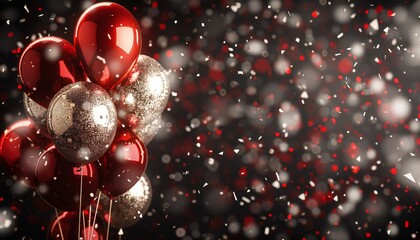 Festive New Year scene with balloons and confetti, with copy space