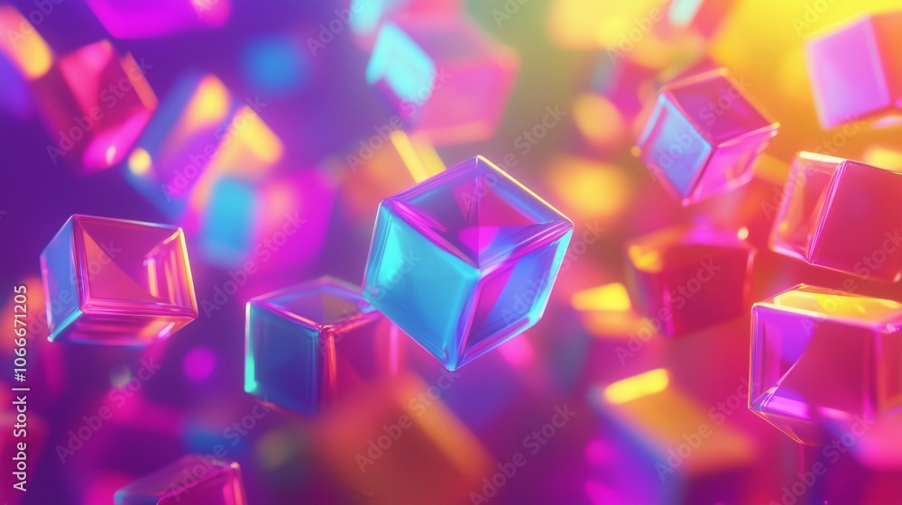 Poster colorful floating cubes in a vibrant, abstract setting with luminous reflections and dynamic lightin