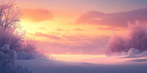 Obraz premium A tranquil winter landscape at dusk, with the sky painted in soft pink and orange hues and a blanket of snow below