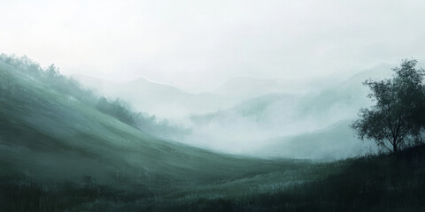 Obraz premium Soft foggy landscape background with muted colors and gentle hills, evoking tranquility