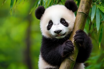 Fototapeta premium Adorable panda clinging to bamboo, surrounded by lush green foliage, showcasing its playful nature.