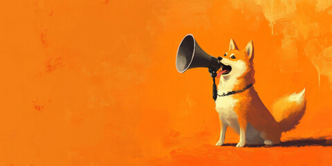 A curious Shiba Inu with a megaphone, set on a bold orange background, ready to capture attention with a message