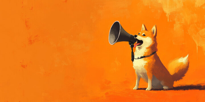 A curious Shiba Inu with a megaphone, set on a bold orange background, ready to capture attention with a message