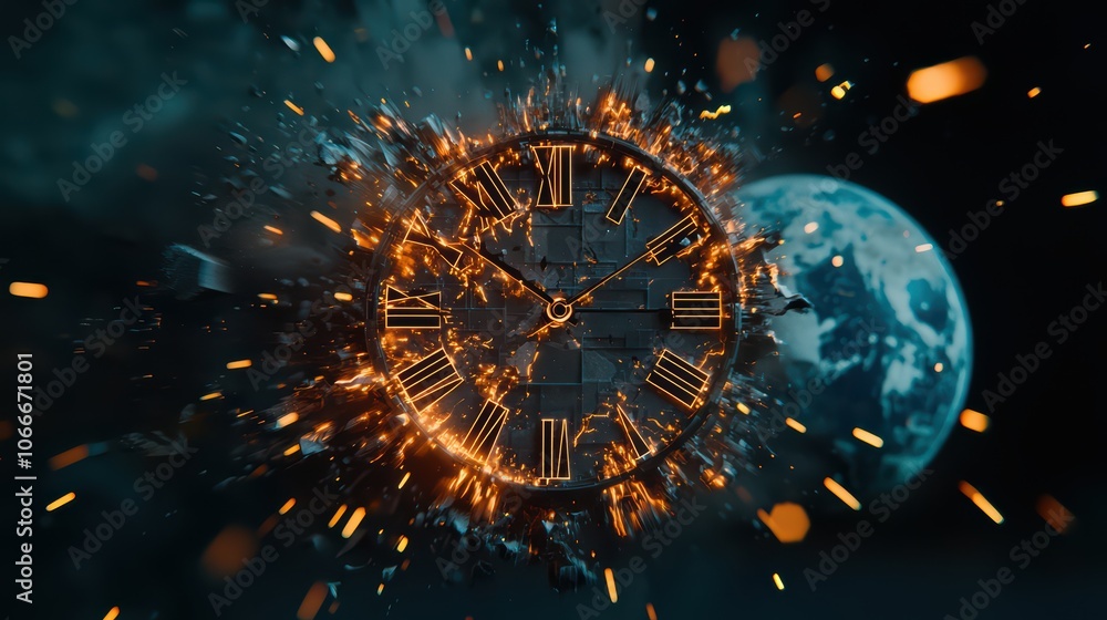 Poster an explosive clock face with glowing elements against a cosmic backdrop.