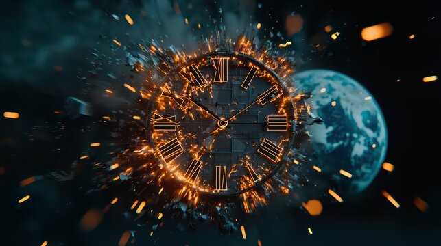 An explosive clock face with glowing elements against a cosmic backdrop.