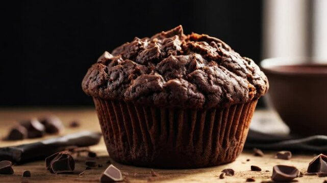 Chocolate muffin on a wooden table