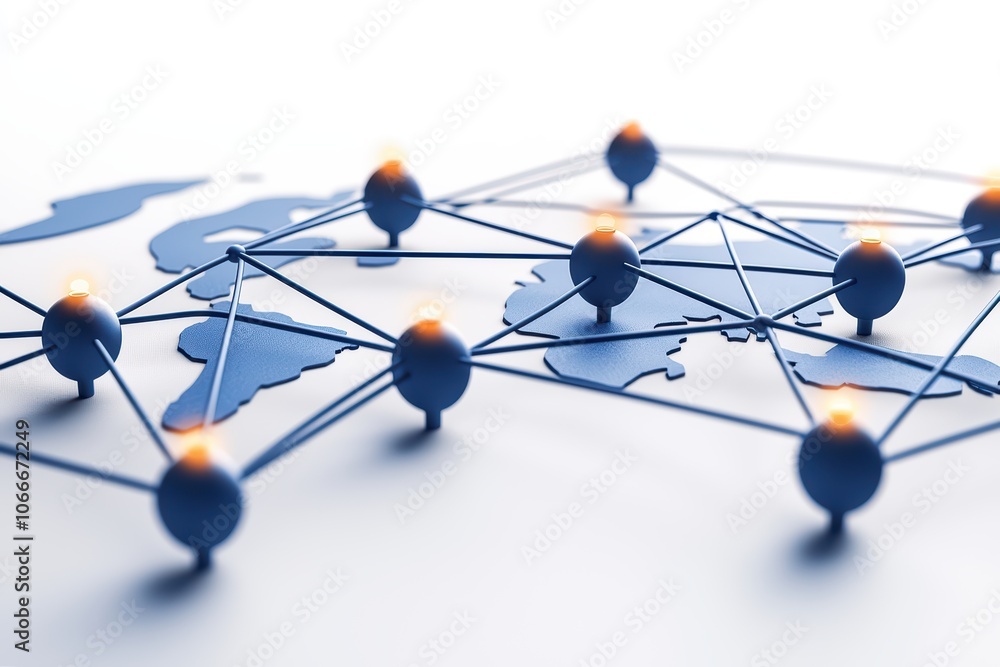 Aufkleber blue network connections over a world map with glowing nodes, symbolizing global communication and c