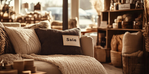 A warm and inviting home decor store featuring a cozy corner with "Sale" banners and beautifully arranged products