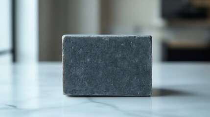 A close-up of a charcoal soap bar on a marble countertop.