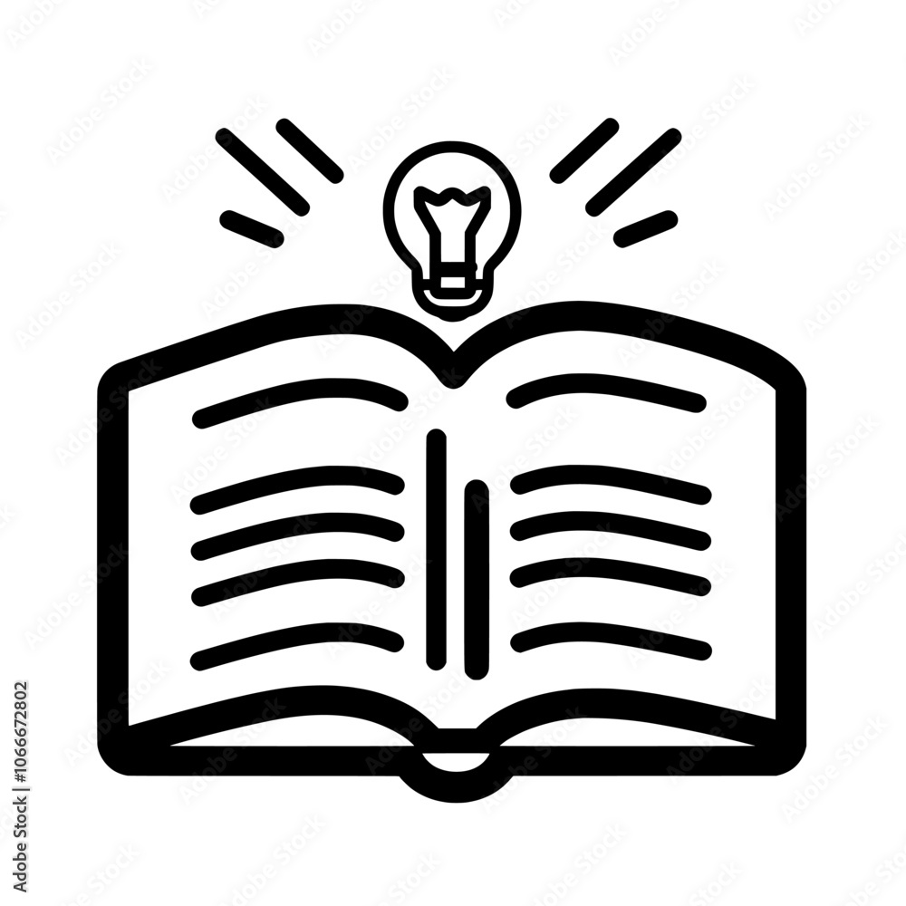 Poster the icon represents an open book with a glowing bulb above it. it has an editable stroke width.