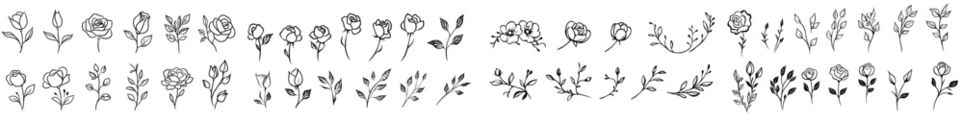 Fototapeta premium This set of hand drawn roses includes sketches representing flowers, branches, leaves, and modern illustrations for tattoos, wedding invitations, wallpaper art, and save-the-date cards.