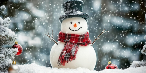 Fototapeta premium A playful snowman wearing a scarf and top hat, surrounded by snowy trees and festive decorations