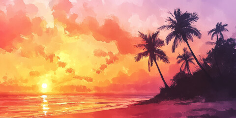Fototapeta premium Hand painted watercolor of a warm beach sunset with palm trees silhouetted against the sky