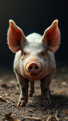 A pig looks directly at the camera with its large ears perked up, standing on a bed of dirt and leaves