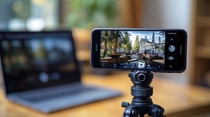 Smartphone on tripod filming a city street with laptop in background.