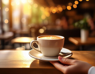 Obraz premium Una mano sirviendo una taza de café con leche caliente sobre la mesa de una cafeteria con luces cálidas y luz solar