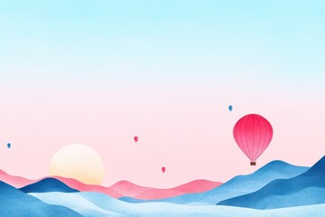 Obraz premium Colorful hot air balloons soar over tranquil mountains at sunset, creating a peaceful and dreamy atmosphere.