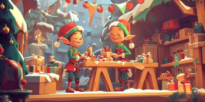 A lively graphic featuring playful elves working in a workshop, preparing items for a Christmas sale event