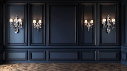 Beautifully designed wall with navy blue panels and crystal accents.