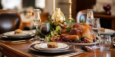 A festive holiday table setting with seasonal dishes, including roasted turkey, stuffing, and cranberry sauce