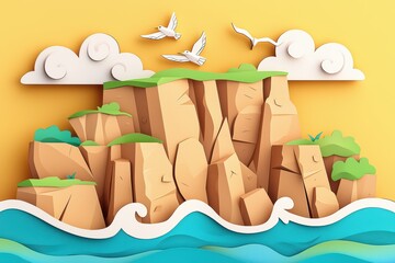 Naklejka premium Colorful paper art of cliffs by the sea with birds flying under a bright yellow sky.