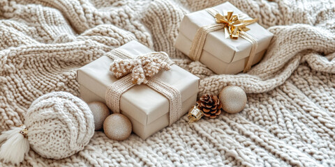 A collection of holiday gift boxes and decorations arranged on a cozy knitted blanket, radiating warmth and cheer