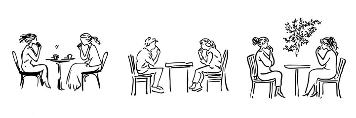 Single continuous drawing of a cafe, restaurant, people, couple and table on a white background.