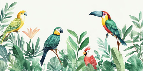 Hand painted watercolor of colorful tropical birds in a lush green jungle