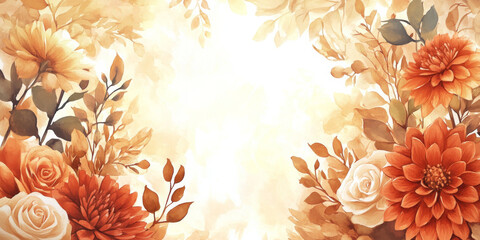 Watercolor illustration of autumnal floral corner featuring dahlias, roses, and eucalyptus with burnt orange flowers and terracotta foliage, creating a rustic wedding look