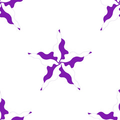 Fototapeta premium Patrón de estrellas irregulares de 5 vértices en morado y blanco sobre fondo blanco. Estampado de estrellas moradas y blancas sobre fondo blanco