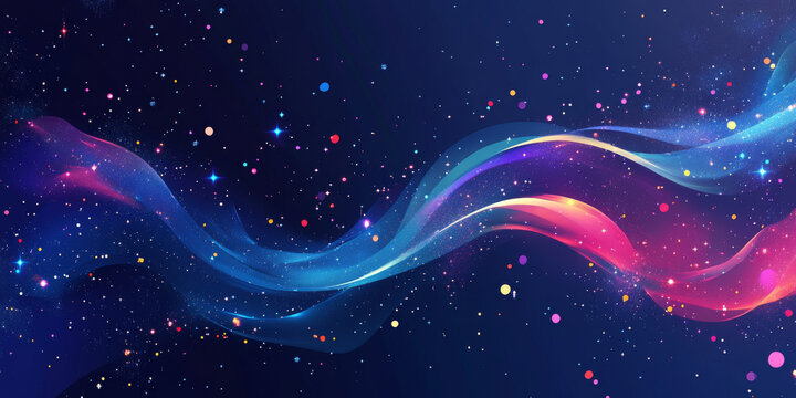 Starry galaxy background with deep blues and purples, filled with sparkling stars and cosmic elements