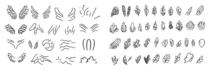 Obraz premium Linear fly winged angels, flying heaven hand drawn doodle modern icons. Angel feather wing outline sketch.