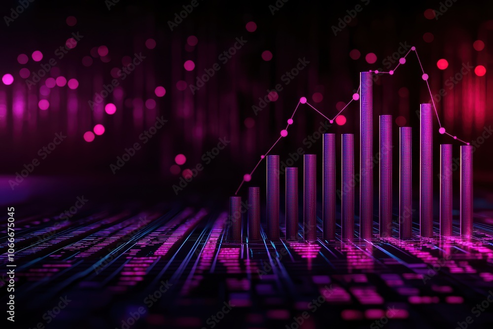 Poster data visualization concept with bar graphs and a line chart over a colorful digital background.